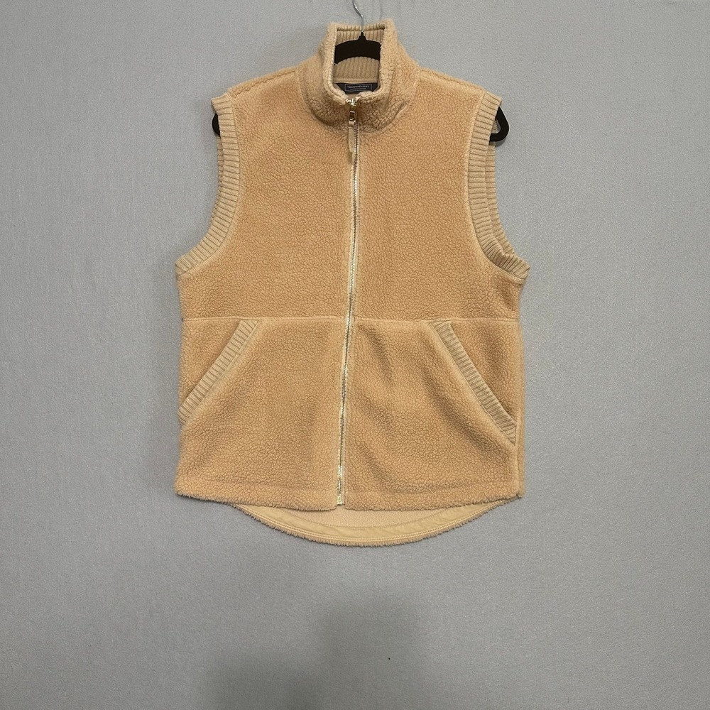 Vineyard Vines Womens Sherpa Fleece Full Zip Vest Tan Camel Small Ribbed Trim